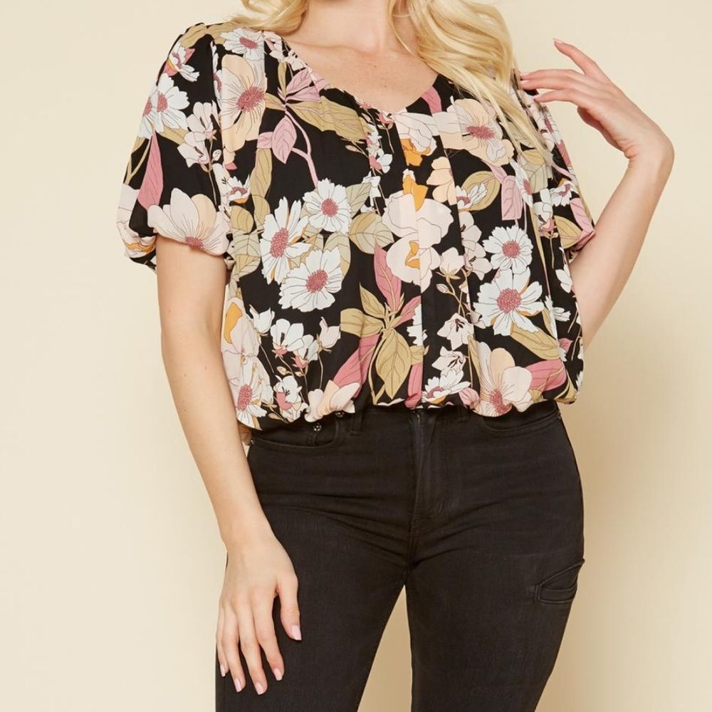 Pleione bubble top black floral blouse top cropped size XS